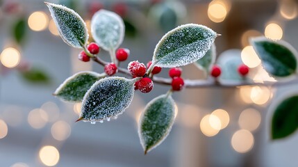 Closeup of a frosted holly branch with red berries and bokeh lights in the background for christmas time