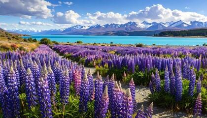 Azure Lake Framed by a Field of Vibrant Lupines