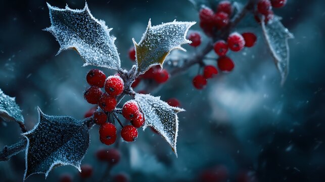 A frosted holly branch with red berries and bokeh lights in the background for a christmas holiday season