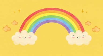 A vibrant rainbow arches across a bright yellow background, nestled between smiling clouds, adding joy and color to any day.