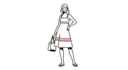 Stylish Woman in Striped Summer Dress and Tote Bag