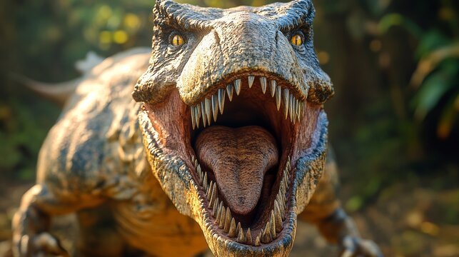 A roaring Tyrannosaurus rex dominates a lush prehistoric jungle, its razor-sharp teeth and powerful jaws captured in lifelike detail, the raw power and ferocity of Earth ancient prehistoric predators
