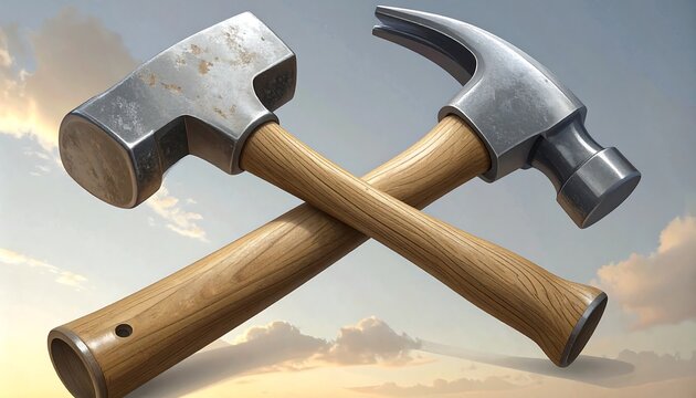 Two crossed hammers against a sky