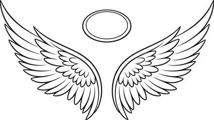 Obraz premium Angel wings with halo vector illustration, black and white outline, spiritual tattoo design, celestial symbol, religious graphic art print