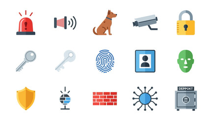 Collection of Security System Icons:  Alarm, Dog, Camera, Lock, Keys, Fingerprint, ID, Firewall, Safe