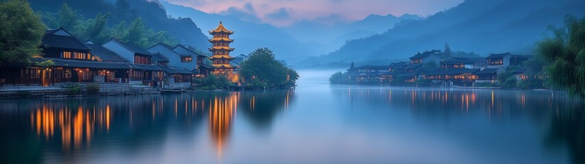 Obraz premium Traditional Chinese ancient town night scene, illuminated wooden houses, golden pavilion, mountain valley, river reflection, starry sky