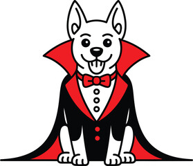 Cartoon dog dressed as a vampire with red cape and bowtie