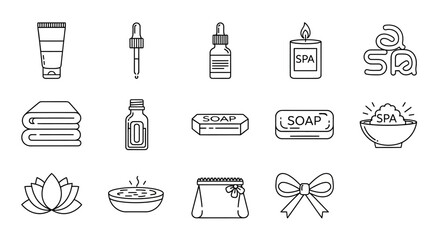Spa Treatment Icons: Line Art Set of Wellness Products
