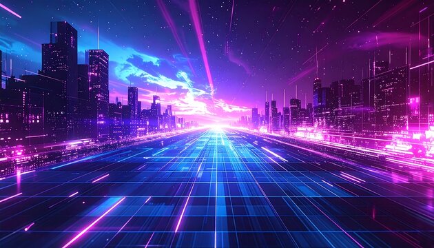A futuristic cityscape at night, with bright neon lights streaking across a wide boulevard towards a radiant horizon. Tall buildings create silhouettes