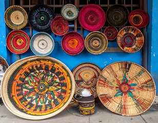 Colorful woven baskets displayed outdoors