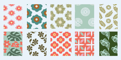 Collection of ten seamless retro floral and leaf patterns in a variety of colors