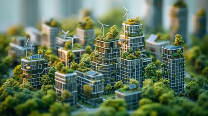 Miniature eco-friendly city with futuristic sustainable skyscrapers, rooftop gardens, trees and wind turbines, green architecture, urban development, renewable energy and environmental innovation.