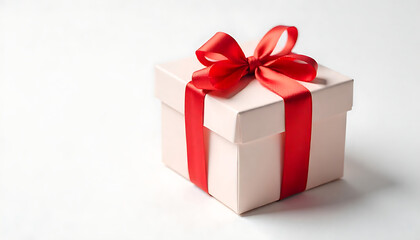 Obraz premium Isolated Christmas gift box mockup on clean white background, wrapped with red ribbon, soft shadows, professional stock photo for advertising and design use.