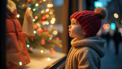 Ultra-realistic photo of a child in a cozy winter sweater admiring a clean and modern store window decorated with subtle Christmas lights, isolated composition with colorful reflections on the glass, 