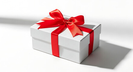 Isolated Christmas gift box mockup on clean white background, wrapped with red ribbon, soft shadows, professional stock photo for advertising and design use.
