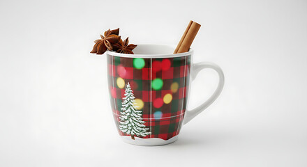 Christmas-themed coffee cup isolated on a clean background, decorated with cinnamon, star anise, and festive colored lights reflection, perfect for advertising campaigns.