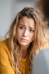 Fototapeta premium Female patient at the psychotherapist, strong feelings, crying