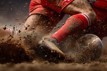 Dynamic Soccer Play: Mud-Splattered Boot Propelling Ball with Explosive Force