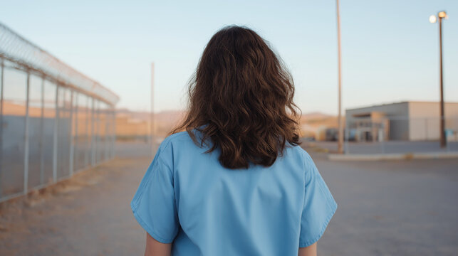 Female inmate standing alone in outdoor prison yard wearing blue uniform facing barbed wire fence under evening light.