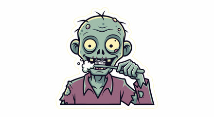 Cartoon zombie brushing its teeth illustration.