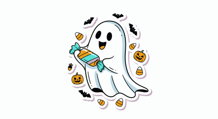Cute Ghost with Candy Halloween Sticker.