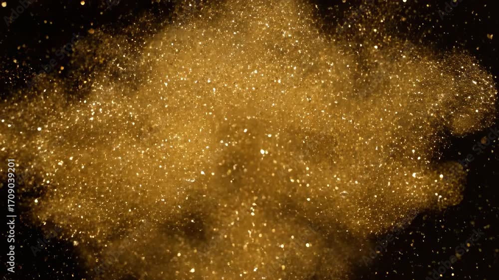 Wall mural a dense cloud of golden glitter particles slowly expands and contracts, showcasing a shimmering text
