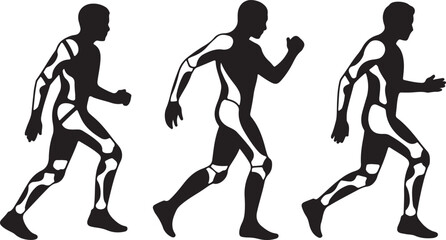 Fototapeta premium Three black silhouette figures of running men with white bone structures visible running man silhouette