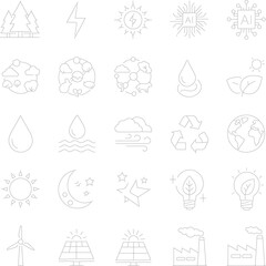 Collection of 25 diverse line art icons for environmental and technology themes trees forest