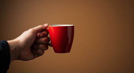 Hand Holding Bright Red Mug on Neutral Brown Background