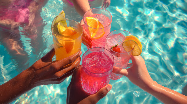 Friends toasting colorful drinks in swimming pool during summer party