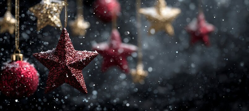 Festive christmas ornaments hanging against a dark background with falling snow for a holiday celebration