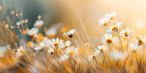 Sunlit daisy field with white petals and yellow centers, glowing in golden light. Soft focus and dreamy atmosphere are ideal for nature, wellness, and seasonal advertising.
