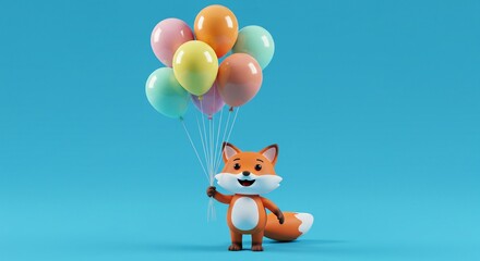 Cartoon fox holding a bunch of colorful balloons on a bright blue background, looking happy and cheerful with a smile.