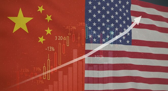 A comparative analysis of the economic performance of two nations, visualized with flags, charts, and a rising trend line.