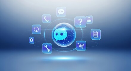 Digital chatbot interacting with various online services in a futuristic interface, representing modern customer support and communication, with a clean and professional aesthetic.