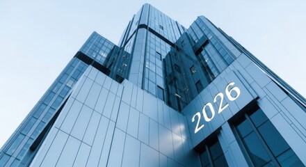 Obraz premium Modern Glass Skyscraper Building Reflecting Sky with Year 2026 Sign Urban Architecture