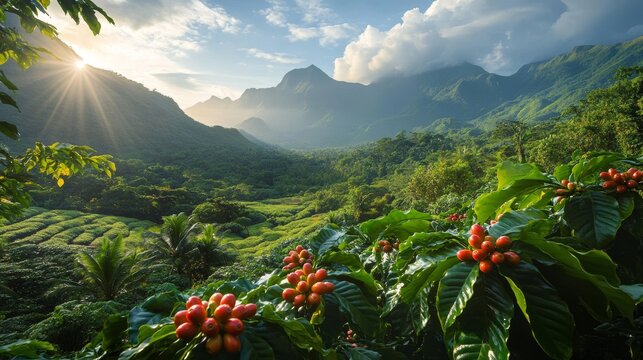 A breathtaking tropical mountain valley landscape at sunrise with green vegetation, lush coffee plants bearing ripe red berries in the foreground, misty peaks, golden sunlight streaming through clouds - Powered by Adobe