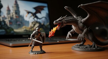 ファンタジーロールプレイングゲームの世界から飛び出した勇者とドラゴンのフィギュア