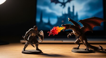 ファンタジーロールプレイングゲームの世界から飛び出した勇者とドラゴンのフィギュア