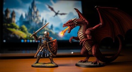 ファンタジーロールプレイングゲームの世界から飛び出した勇者とドラゴンのフィギュア
