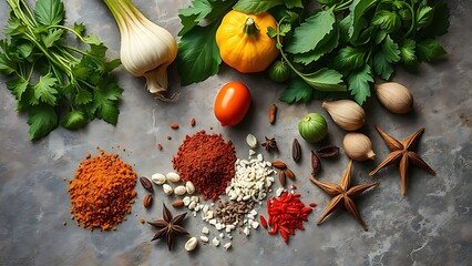 Asian cuisine ingredients beautifully arranged, highlighting fresh herbs and spices.
