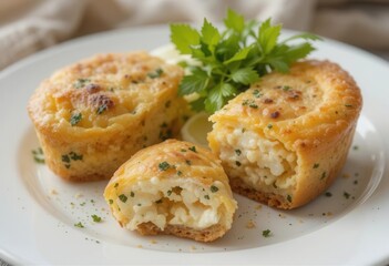 Fresh Egg Quiche and Cheese Rolls on a White Plate, Emphasizing Texture and Tactile Details for an Appealing Visual.