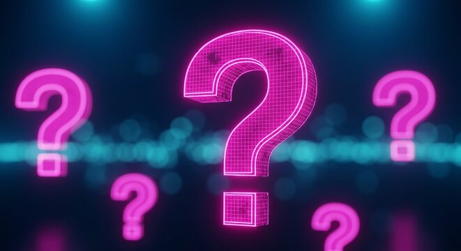 Futuristic glowing pink question marks float in a digital space, sparking curiosity and uncertainty. An enigmatic and modern concept.