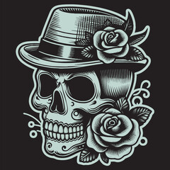 Rockabilly Skull Vector Set Vintage Tattoo and Retro Music Style Illustrations