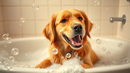 A playful golden retriever in a bathtub surrounded by floating soap bubbles, creating a humorous moment.