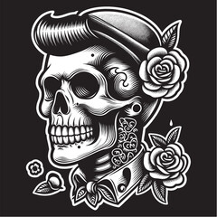 Rockabilly Skull Vector Set Vintage Tattoo and Retro Music Style Illustrations