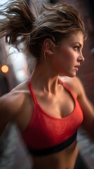 Naklejka premium Intense and focused woman in red sports bra and leggings engaged in a rigorous workout displaying strength discipline and commitment to her fitness goals