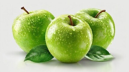 and keyword list based on the image

 Trio of Green Apples Gleaming with Dewdrops on a White Surface