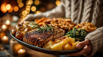 Delicious thanksgiving dinner platter with meat and vegetables served