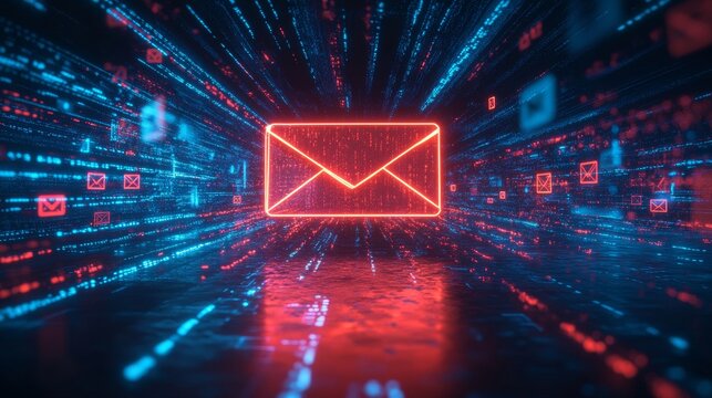 Futuristic glowing red email symbol in a stream of blue and red data lines, representing communication, messaging, internet technology, and the rapid exchange of information in the digital age.